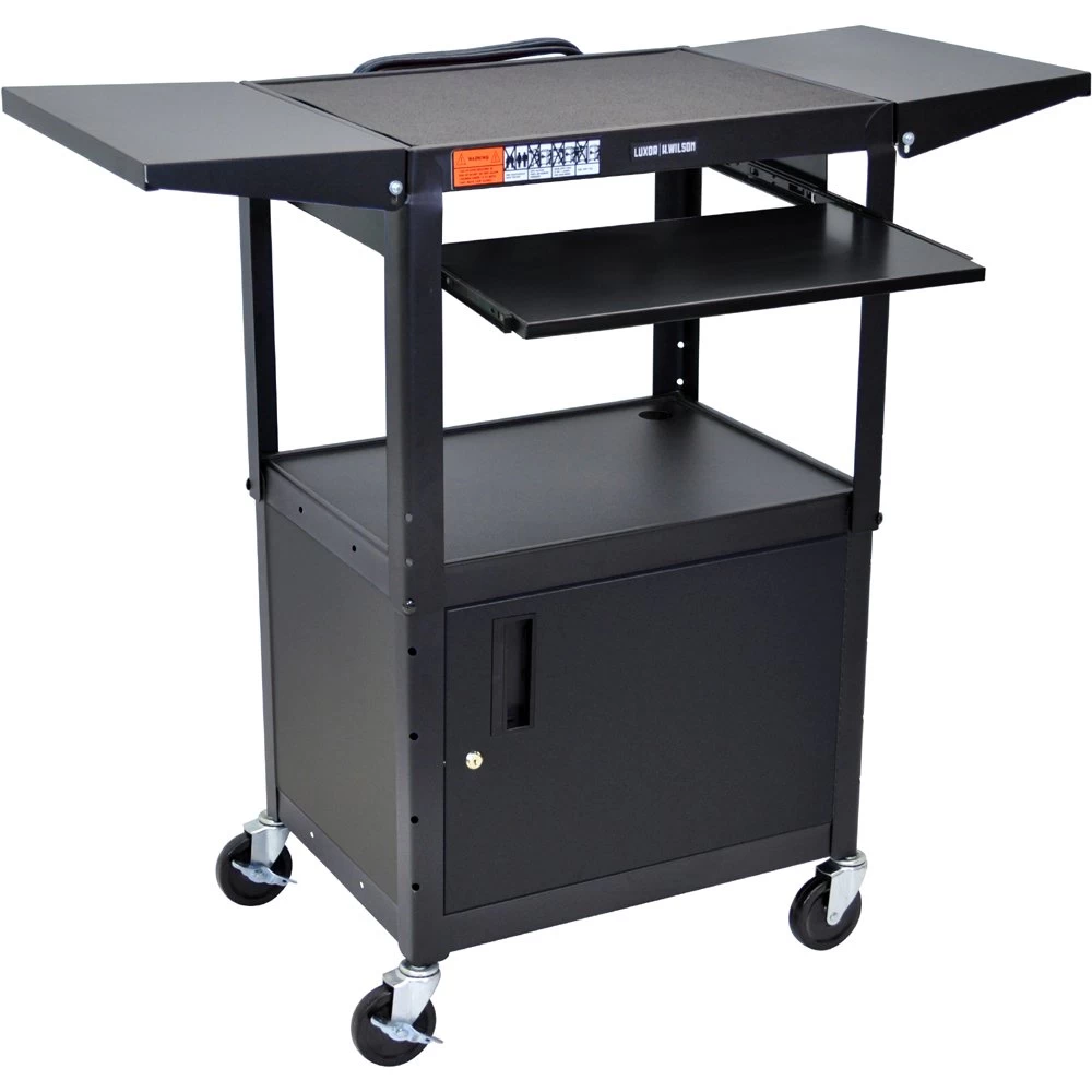 Luxor AVJ42KBCDL Adjustable Steel Cart W/ Cabinet, KB Tray & Drop Leaf